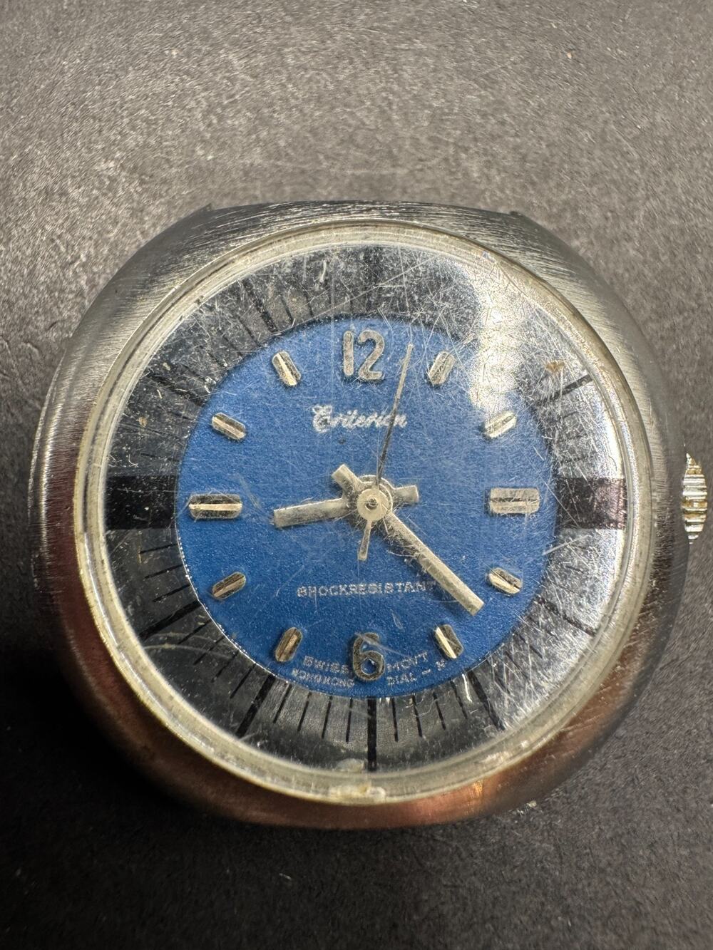 Vintage Criterion Shock Resistant Watch Swiss Movement Wind Up Blue Dial No Band